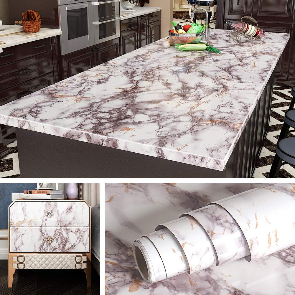 24 X 197 Wide Marble Contact Paper Peel and Stick Countertops Waterproof Desk Cover Rose White Marble Countertop Adhesive Covering Kitchen Wallpaper Renter Friendly Counter Top Vinyl Wrap