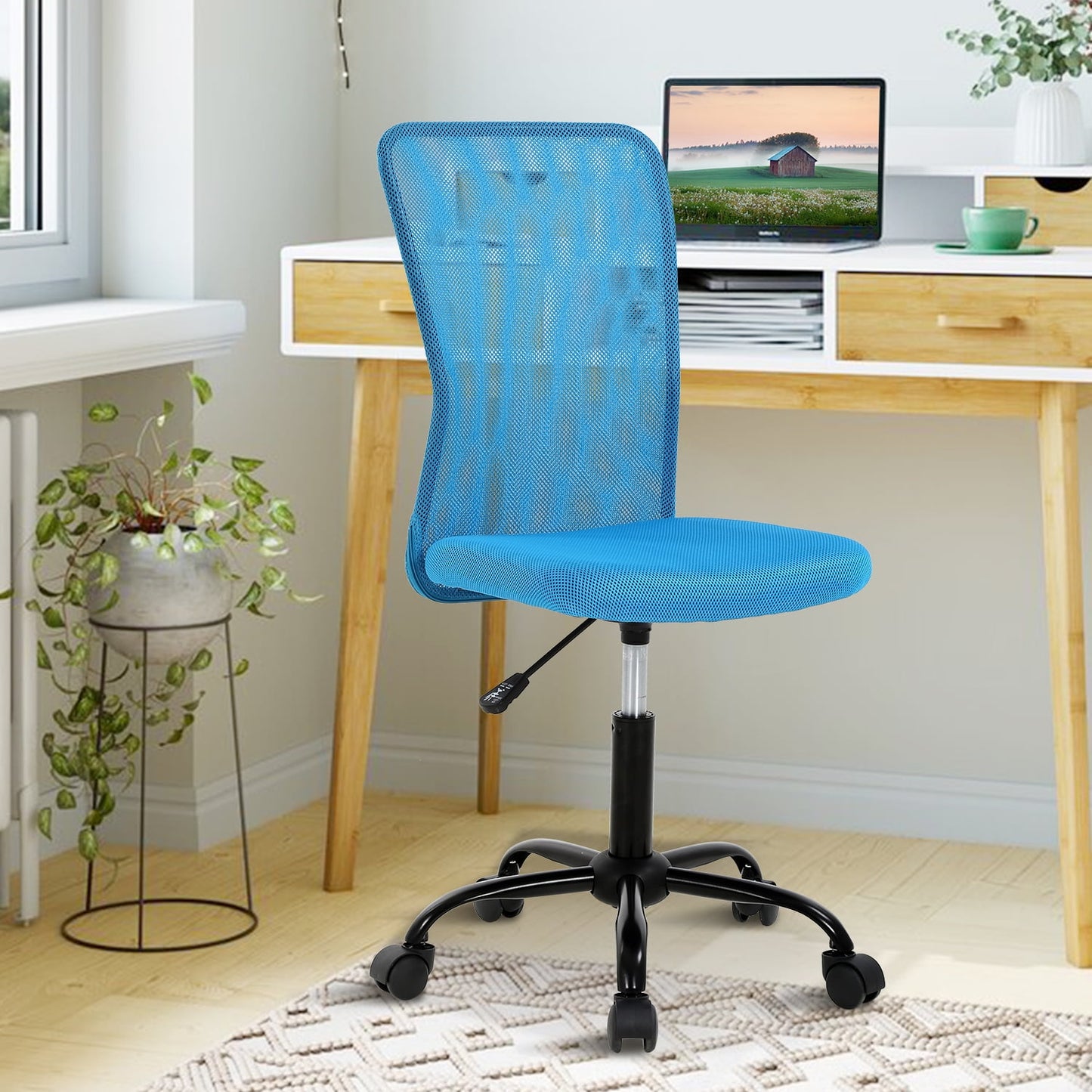 Mesh Office Chair Ergonomic Computer Desk Chair with Lumbar Support, Adjustable Swivel Rolling Chair Armless for Adult, Blue