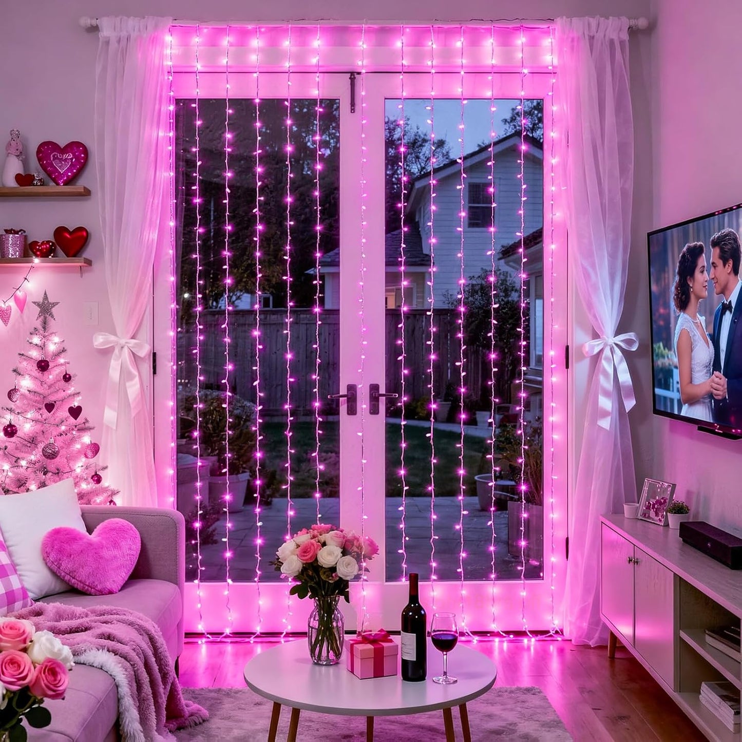 300 LED Pink Curtain Lights Plug in with Remote, 9.8X9.8Ft Pink Valentine Lights Lights Indoor, 8 Modes Christmas String Lights for Bedroom Window Wall Party Proposal Valentine'S Day Decor