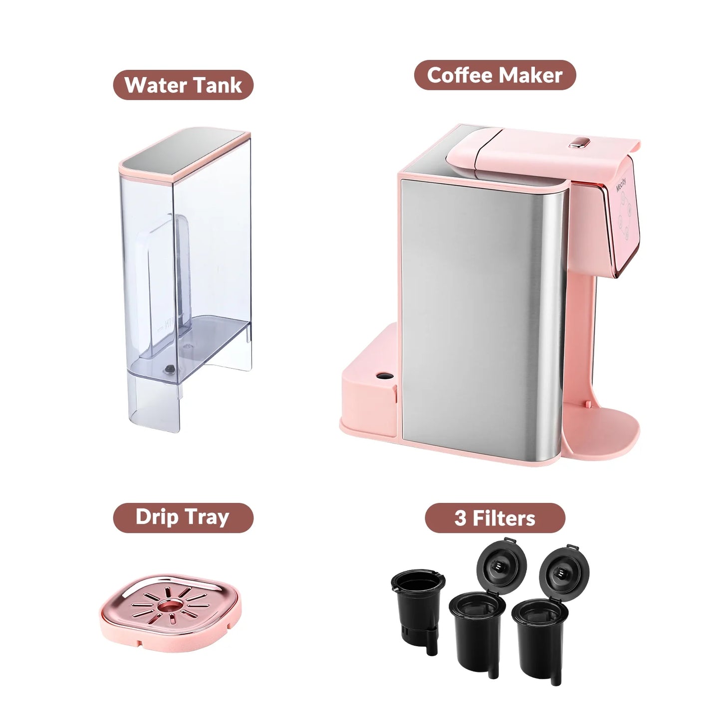 Coffee Maker 3 in 1 Single Serve Coffee Machine, Compatible with K Cup Capsules, Instant Coffee Pot, Tea Maker, 6,8,10 Oz Cup, Removable 50 Oz Water Reservoir, 120V 1150W, Pink