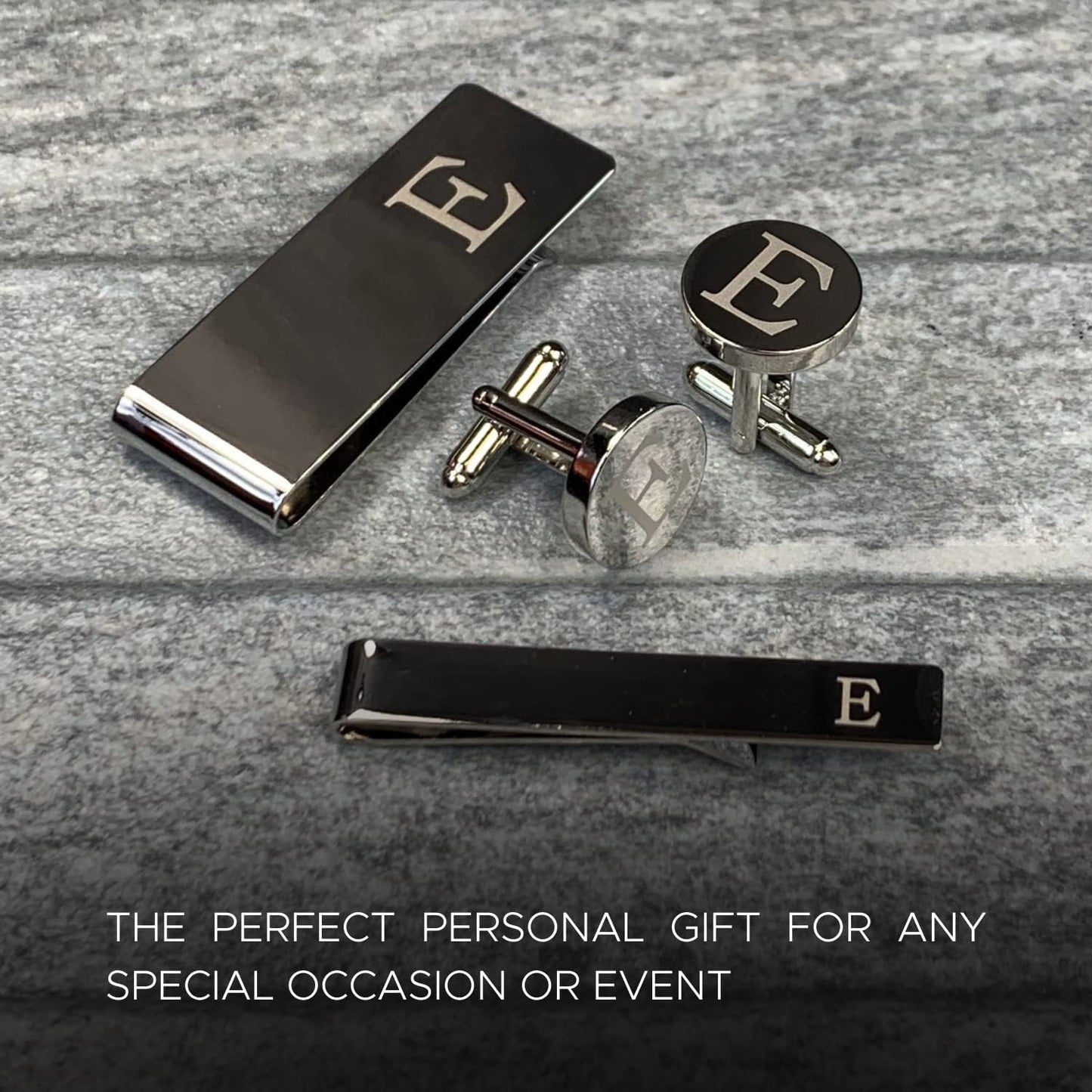 4PC Cufflinks, Tie Bar, Money Clip - Initial A-Z Engraving Alphabet Letter - Mirror Polished Steel Jewelry Set - Men'S Cuff Links Shirt Suit - Fathers Day Wedding Groom Gift Box