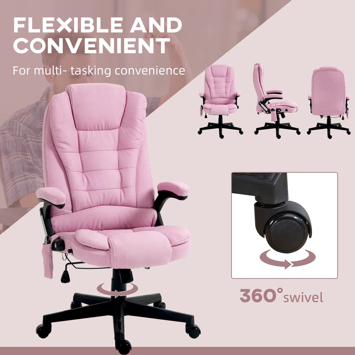 Massage Office Chair with 6 Points Heat Linen Executive Office Chair Pink