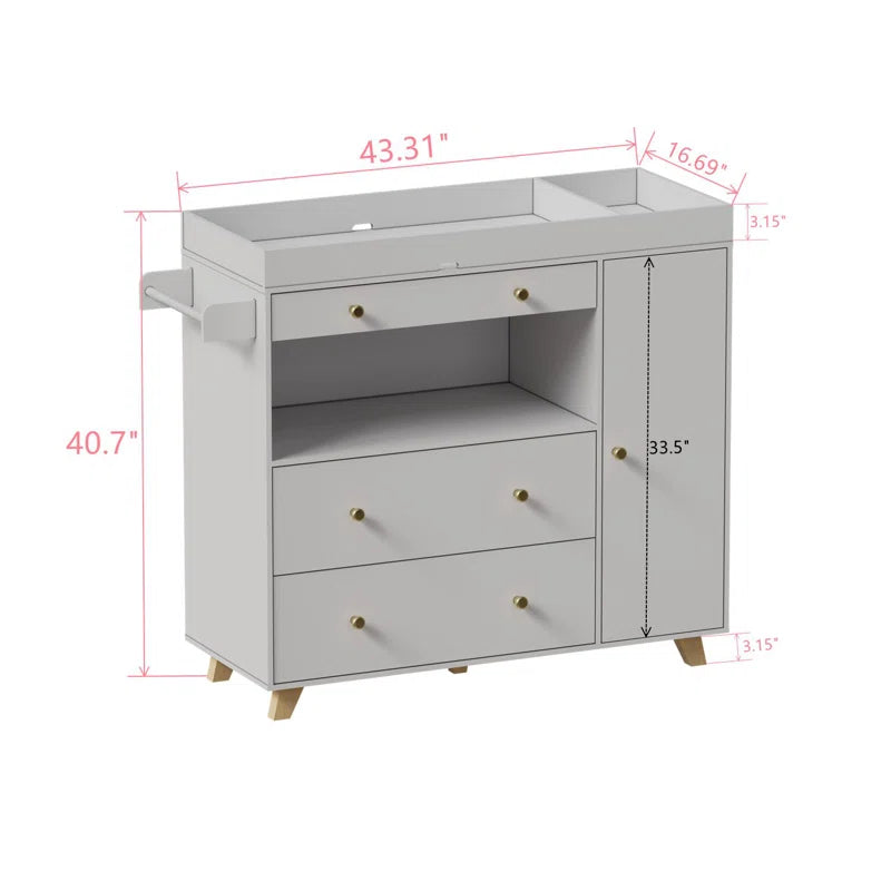 Albiery Changing Table Dresser, Asymmetrical 3 Drawer / 1 Door Dresser