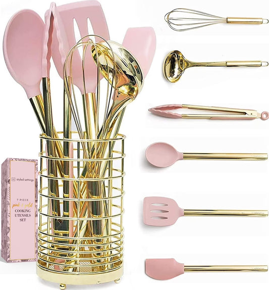 Gold & Pink Silicone Kitchen Utensil Set with Holder
