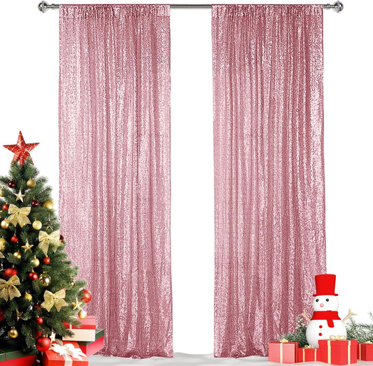 Rose Pink Sequin Backdrop Curtain, 2PCS 2Ftx8Ft Glitter Backdrop Curtain for Parties, Christmas, Wedding, Banquet Decoration（2 Panels, 2FT X 8FT, Rose Pink）