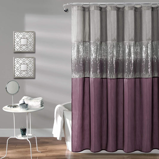 Night Sky Shower Curtain, Single, 72" W X 72" L, Gray & Purple - Sequin Shower Curtain - Sparkly Color Block Bath Curtain - Modern Glam Bathroom Decor