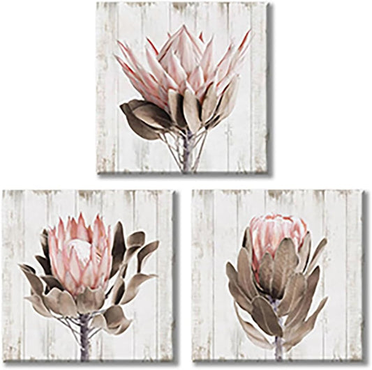 Utop-Art Pink Floral Picture Wall Art: Protea Flowers Artwork Print on Wooden Textured Canvas Art for Bathroom (12'' X 12'' X 3 Panels)