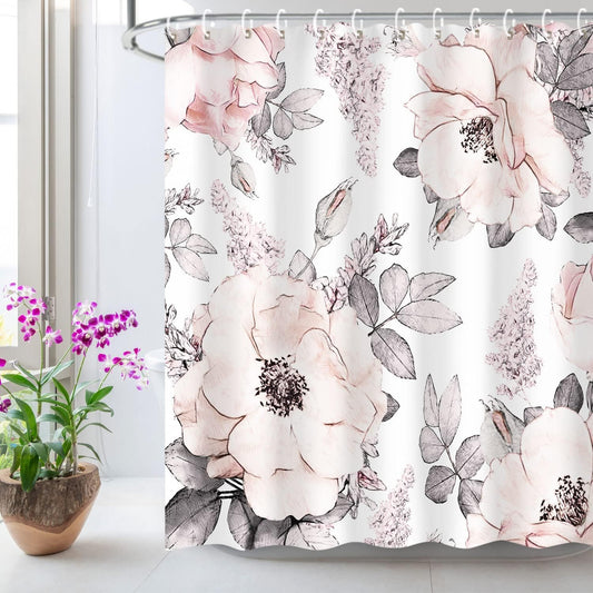 Pink Gray Flower Shower Curtain, Watercolor Floral Shower Curtains with Hooks White Grey Fabric Blossom Bathroom Decor Machine Washable, 72" W X 72" H