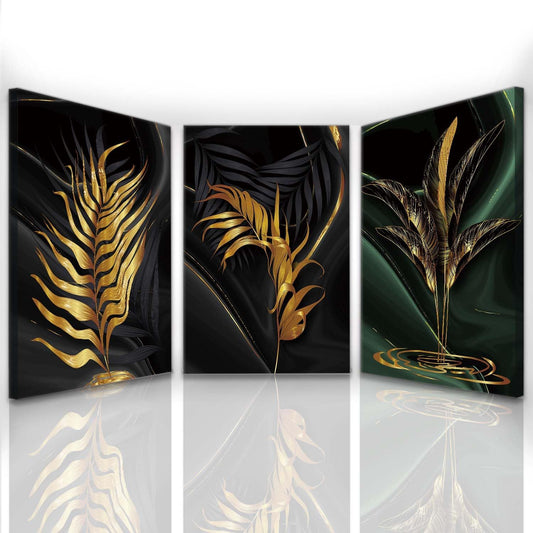Modern Black Gold Leaf Canvas Wall Art Golden Leaves Abstract Botanical Pictures Print Black Green Marble Abstract Wall Art Painting for Living Room Luxury Office Emerald Artwork 12X18Inx3Pcs Framed