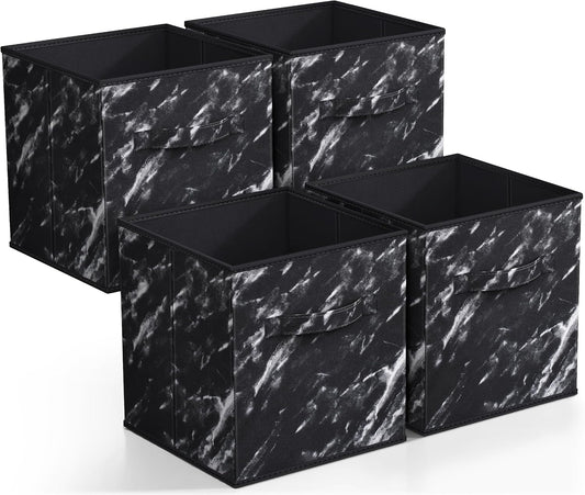 Collapsible Fabric Storage Cubes - 11" Foldable Organization Baskets with Handle - 4 Black Marble for Pantry, Closet, Nursery, Dorm, Toy Storage
